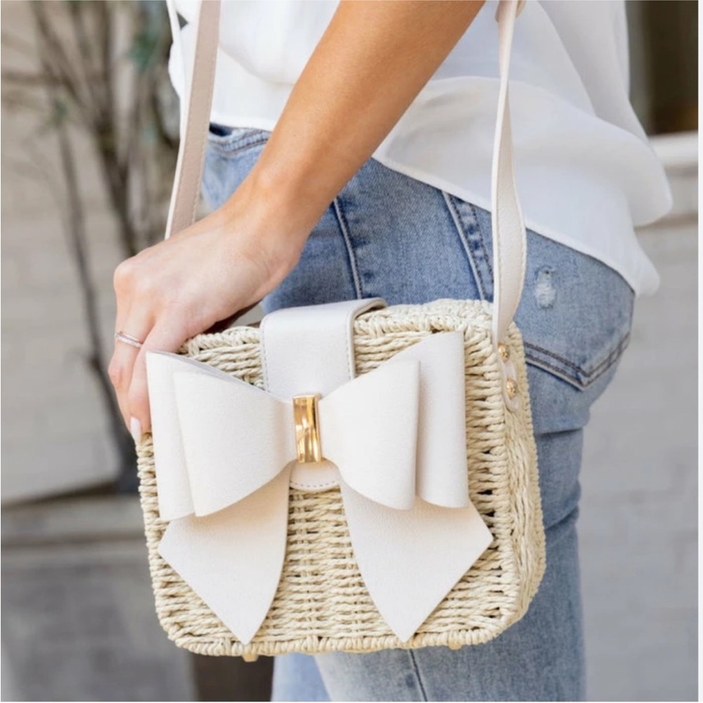NWT Woven Cream Crossbody Bag with Bow Accent